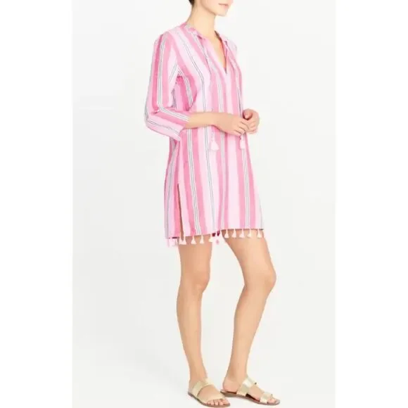J. CREW FACTORY Pink/White/Navy Striped Tassel Tie Tassel Hem Cover-Up, Sz S - Picture 1 of 12